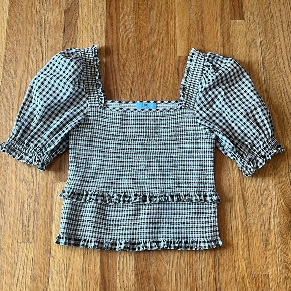 CeCe Black Gingham Smocked Crop Top - Picture 1 of 4